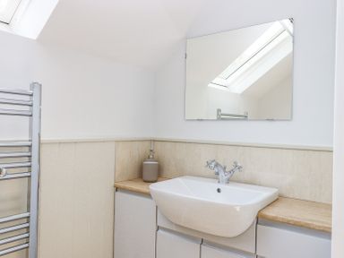 A bathroom sink with a soap dispenser a wall mirror and a towel rack at Bunts Barn in Northlew near Hatherleigh
