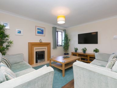 A living room with two sofas a wooden coffee table a fireplace a TV mounted on the wall and plants at Spernenwyn in St Ives