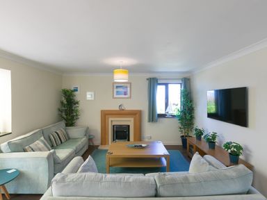 A living room with two sofas a coffee table a wall mounted television and plants at Spernenwyn in St Ives