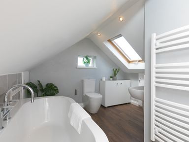 A bathroom with a bathtub toilet sink cabinet plants and a skylight window at Spernenwyn in St Ives