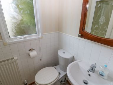 A small bathroom with a toilet sink and mirror at Park Lane in Llanteg near Kilgetty
