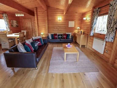 A living room with wooden walls and ceiling two leather sofas with cushions a coffee table and a dining table with chairs at The Great Escape in Kenwick near Louth