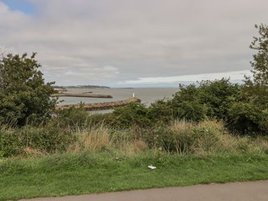 A coastal view with green bushes and grass in the foreground and a pier with a lighthouse extending into the water at 12 Clos Yr Wylan in Barry