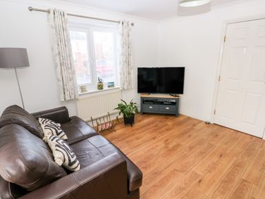 A living room with a brown leather sofa two cushions a television on a wooden stand a plant and a window with curtains at 12 Clos Yr Wylan in Barry