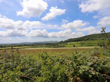 A landscape with green fields bushes and hills under a cloudy sky at Glan Awel in Nefyn