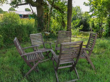 Five wooden chairs arranged in a circle on grass under trees near a small pond at Ty Cariad in Llangynin near St Clears
