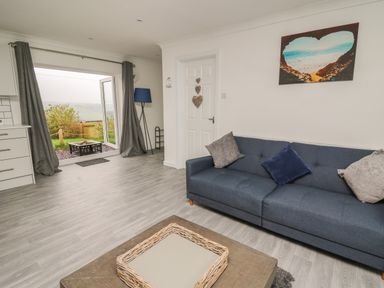 A living room with a blue sofa and cushions a coffee table with a tray and open doors leading outside at Ty Cwtch in Llangynin near St Clears