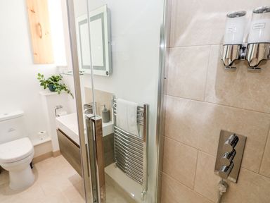 A bathroom with a toilet sink with vanity unit glass shower door towel rack and wall-mounted shampoo and conditioner dispensers at Carines Barns Pol in Cubert