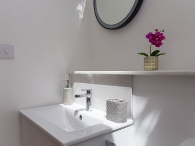 A sink with a mirror and flower pot at Carines Barns - Pen in Cubert