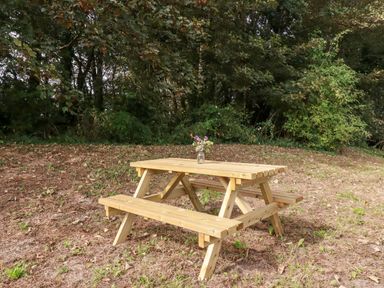 A wooden picnic table with a glass jar of flowers on top outside near trees at Carines Barns - Par in Cubert