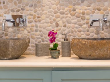 A bathroom with stone sinks and a flower pot at Carines Barns - Wesley Barn, Cubert