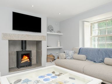A living room with a fireplace a television a sofa and a coffee table at Cob Cottage near Rock