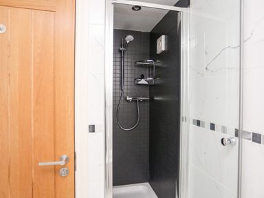 A shower with black tiled walls glass door and wooden door at Gwalia Cottage in Brynsiencyn