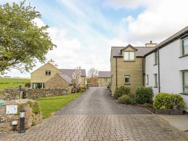 A driveway between stone and modern houses with green fields and a large tree at Gwalia Cottage in Brynsiencyn