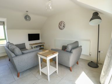 A living room with grey sofas a small white side table a flat screen tv on a white stand a floor lamp and a clock on the wall at Gwalia Cottage in Brynsiencyn
