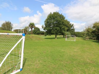 An outdoor grassy field with two small soccer goals trees and a swing set at The Hayloft in St Florence