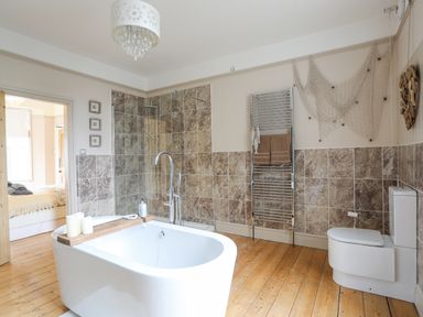 A bathroom with a freestanding bathtub shower area toilet and wooden floor at Llwyn Onn in Criccieth
