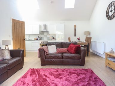 An open plan living room and kitchen with brown leather sofas a pink rug a wooden dining table and chairs white kitchen cabinets and wooden door at Beck View Weston Longville near Lenwade