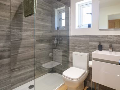 A bathroom with a walk-in shower toilet and sink at Beck View in Weston Longville near Lenwade