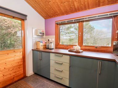 A kitchen counter with a kettle and letter holder under a window showing trees at Y Caban Glas in Rhydlewis near Brynhoffnant