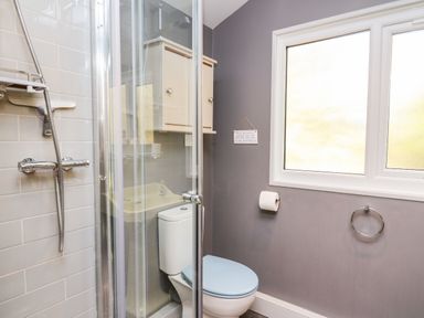 A bathroom with a shower enclosure a toilet with a blue seat and a window on a gray wall at Y Caban Glas Rhydlewis near Brynhoffnant