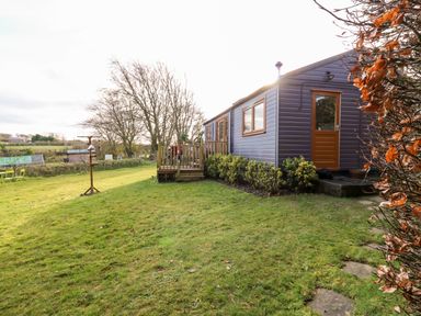A mobile cabin with a wooden deck surrounded by grass and trees at Y Caban Glas in Rhydlewis near Brynhoffnant