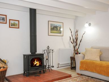 A living room with a wood burning stove a sofa with cushions and a throw and framed pictures on the wall at Henwood Barn in Henwood near Upton Cross