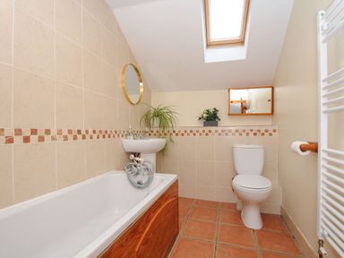 A bathroom with a bathtub sink toilet mirror plants and skylight at Henwood Barn Henwood near Upton Cross