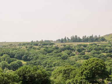 A landscape with dense green trees and a few houses on the horizon at Mole Cottage in Henwood near Upton Cross
