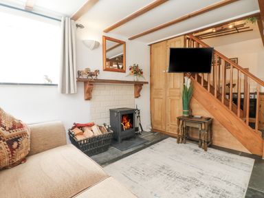 A living room with a sofa a small wood burning stove and firewood under a window and a television on the wall at Mole Cottage in Henwood near Upton Cross
