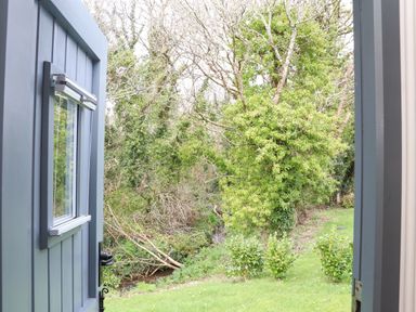 A view of garden trees and shrubs from an open gray door at Godrevy Shepherds Hut in Angarrack near Hayle