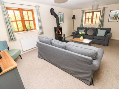 A living room with two gray sofas a wood stove and two windows with plaid curtains at Ty Rhosyn in Penycwm near Solva