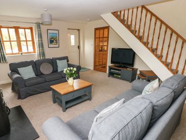 A living room with two grey sofas a wooden coffee table with flowers a television under stairs and a wooden door at Ty Rhosyn in Penycwm near Solva