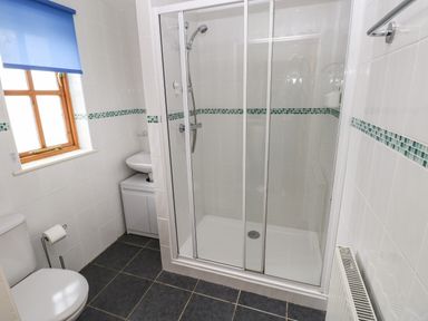 A bathroom with a shower enclosure toilet sink and window at Ty Rhosyn in Penycwm near Solva
