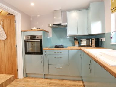A kitchen with blue cabinets a built-in oven a microwave and a sink at Strawberry Fields Annex in Emneth