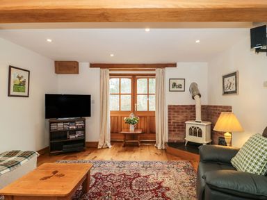 A living room with a television and a stove next to a window with curtains at Oak Barn in Kentisbeare