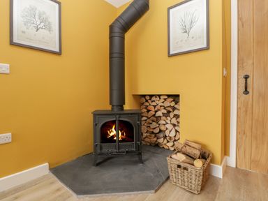 A wood burning stove with firewood stacked in a recessed area and a basket with logs in a corner of a room with yellow walls at Byways Madresfield near Malvern