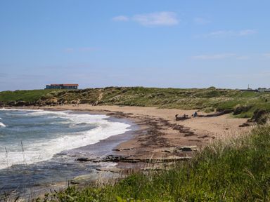 A sandy beach with waves and grassy dunes with a house in the distance at The Waves in Amble