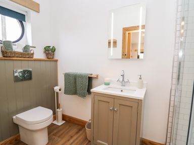 A bathroom with a toilet, sink cabinet, mirror, green towel, plant, and window at Tin Shed in Nantmel near Rhayader