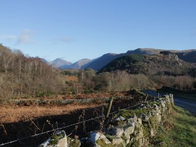A rural landscape with a stone wall and barbed wire fence along a road with hills and trees in the background at Church How Cottage in Nether Wasdale