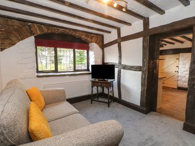 A living room with a sofa and television on a wooden stand at The Coach House in Trelogan Hall Trelogan near Trelawnyd