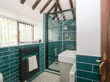 A bathroom with a shower cubicle sink and heated towel rail at The Coach House in Trelogan Hall Trelogan near Trelawnyd
