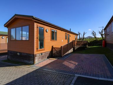 An exterior view of a wooden cabin with windows a door and a ramp on a paved area at Daffodil Lodge in Mullacott near Ilfracombe