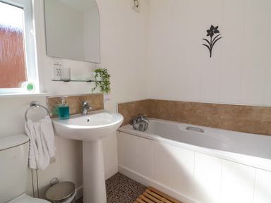 A bathroom with a bathtub sink toilet and a wall decoration at Daffodil Lodge Mullacott near Ilfracombe