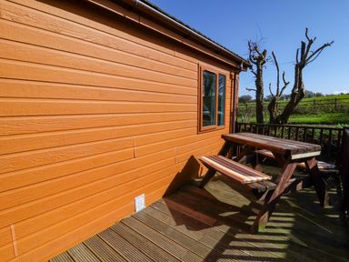 A wooden picnic table with striped cushions on a deck outside an orange wooden building at Daffodil Lodge Mullacott near Ilfracombe