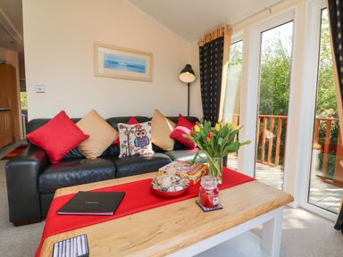 A living room with a black leather sofa with cushions and a wooden coffee table with flowers and games at Poppy Lodge in Mullacott Ilfracombe