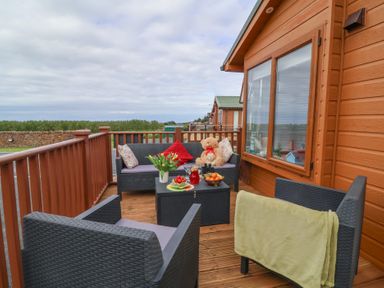 A wooden balcony with outdoor furniture a teddy bear and a small table with fruit at Poppy Lodge in Mullacott Ilfracombe