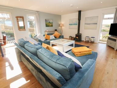 A living room with blue sofas and yellow cushions a white coffee table a black wood stove and a television at Chilowan Trewarmett near Tintagel