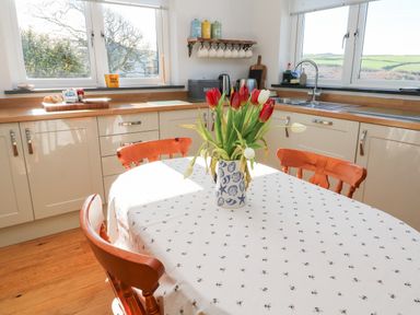 A kitchen with wooden chairs and table with flowers on it at Chilowan in Trewarmett near Tintagel