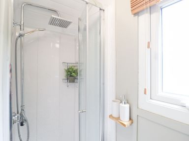 A shower with glass door and wall mounted products at Red Kite at Wild Valley Huts Llanrhaeadr-Ym-Mochnant